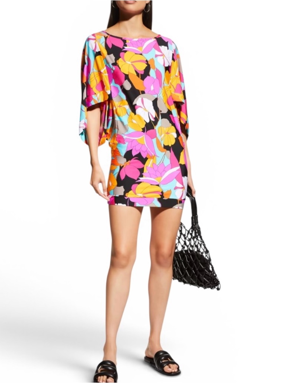 Trina Turk Gemini Beach Tunic,Vibrant Tropical Floral,Swim Cover Up,Mini Dress,L
